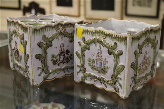 A pair of French faience bough pots and covers, 19th century, height 5in.